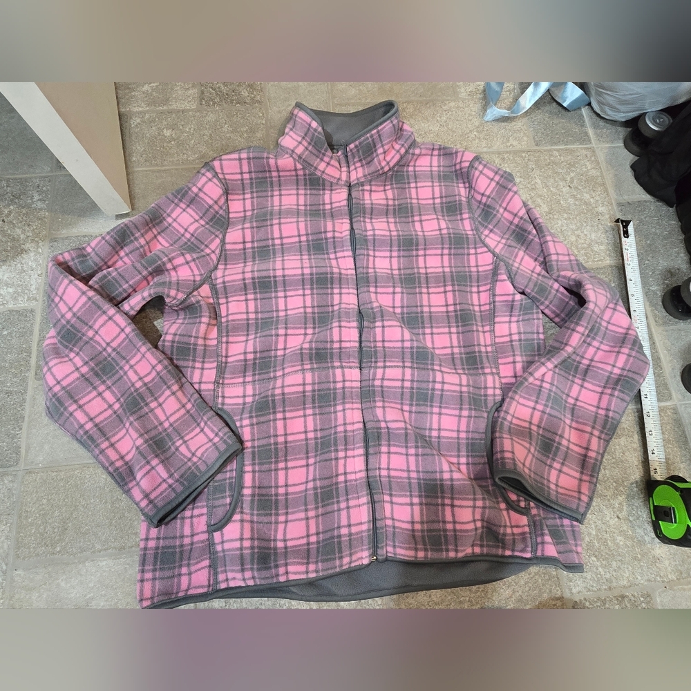 Plaid Pink and Gray Women's Jacket Fleece Warm Soft Mock Neck L XL - Picture 2 of 9